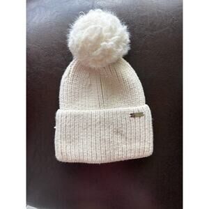 Steve Madden Womens Cream Ribbed Knit Beanie Hat with Faux Fur Pom Pom